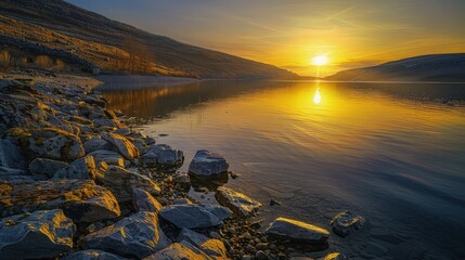 A quiet evening at a northern European lake, with the setting sun casting a warm yellow light across the rocky coast, reflecting off the water and illuminating the nearby hills. - Powered by Adobe