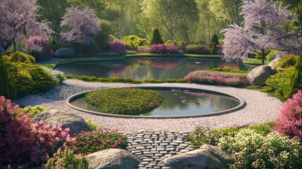 Obraz premium A quaint park setting with a small circular lake at the center, surrounded by a variety of flowering shrubs and a circular stone path that allows for leisurely strolls any time of day.