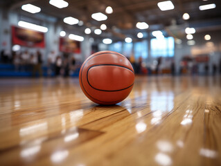 Basketball ball on the floor of a basketball stadium