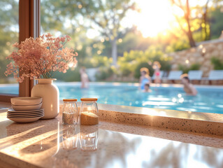 Kitchen marble counter with window looking out on a summer day with pool. White marble table in a kitchen
