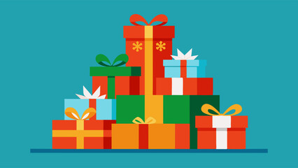 Colorful illustration of a stack of gift boxes in various sizes and colors with decorative ribbons.