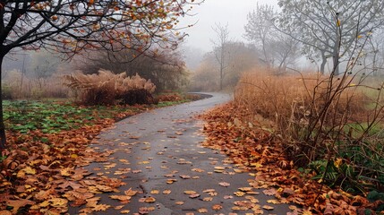 A quiet park scene with a winding path covered in fallen leaves, surrounded by fading vegetation and a misty, grey sky, capturing the essence of autumn melancholy.