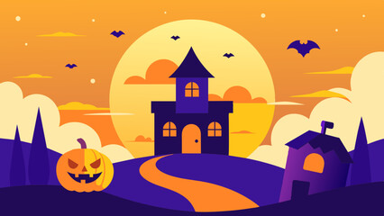 Fototapeta premium Festive Halloween scene with an eerie mansion, glowing pumpkin, and flying bats under an orange sky.
