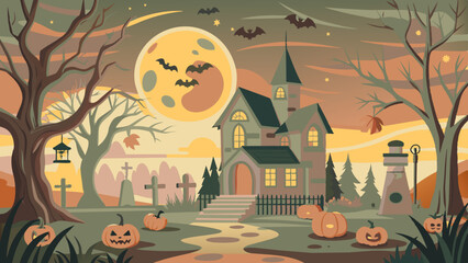 Halloween scene with a charming church, carved pumpkins, a full moon with bats, and autumn trees.