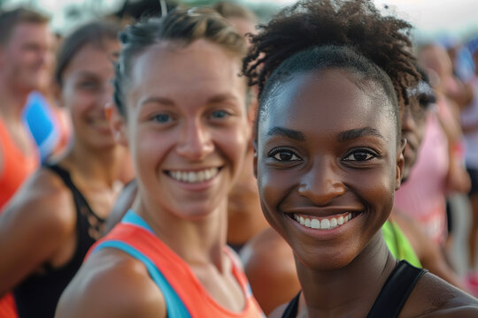 Joyful diverse runners at a starting line, pre-marathon excitement.