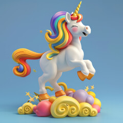 Naklejka premium 3D rendering of a cute unicorn with rainbow mane and tail.