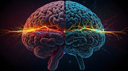 Obraz premium Split View of a Human Brain with Neural and Cognitive Function Highlights, Perfect for Science, Education, and Medicine-Themed Stock Photography
