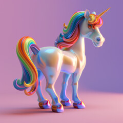A 3D rendering of a unicorn with a rainbow mane and tail. The unicorn is standing on a pastel pink background.