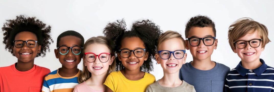 Kids Eyeglasses. Group of Stylish Multiethnic Children Wearing Modern Glasses for Vision Correction