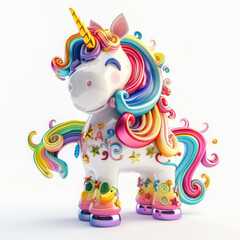 Naklejka premium A cute and colorful unicorn with rainbow hair and roller skates.