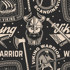 Vikings warrior seamless pattern or background. Vector. Fabric, texture, wallpaper with drakkar, vikings in helmet with battle sword, spear and round shield