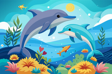two dolphins jumping in the ocean with flowers