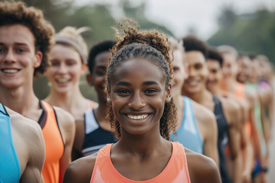 Group of diverse runners smiling, focused on a joyful woman in front.
