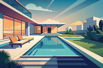 a modern house with a swimming pool and lounge chairs