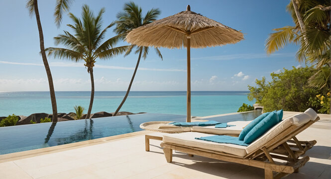 Pool lounge chairs and umbrella at luxury tropical hotel resort. Empty poolside sun loungers. Summer vacation, relax and leisure at seaside resort