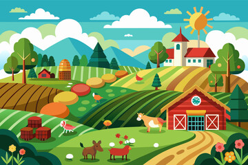 a farm scene with a barn, farm animals and a farm