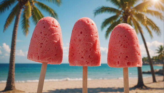 Glace en b&acirc;ton, b&acirc;tonnet glac&eacute; framboise, fraise, past&egrave;que sur la plage