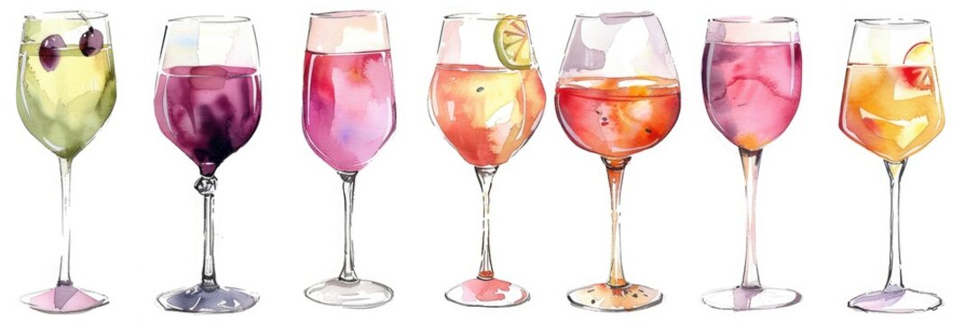 Wine Glass Drawing. Set of Watercolor Glasses on White Background for Decorating Restaurant Menu