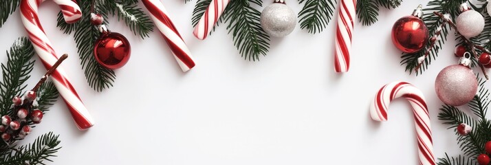 An overhead view of festive Christmas ornaments and candy canes forming a border with space for text