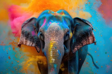Obraz premium Colorful India. Abstract Artwork of Happy Holi Festival with Vibrant Colors and Elephant