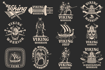Vikings warrior logo, badge, sticker. Vector illustration. For emblems, labels and patch. Monochrome style vikings in helmet with battle sword, spear and round shield