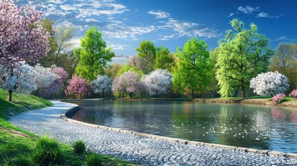 A serene spring scene in a park with a lake surrounded by blossoming trees in multiple shades of green, pink, and white, with a stone path curving along the shore under a bright blue sky. - Powered by Adobe