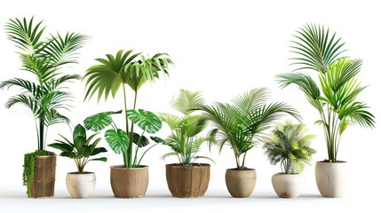 Obraz premium Isolated House Plants. Collection of Exotic Palm Trees in Pots on a White Background