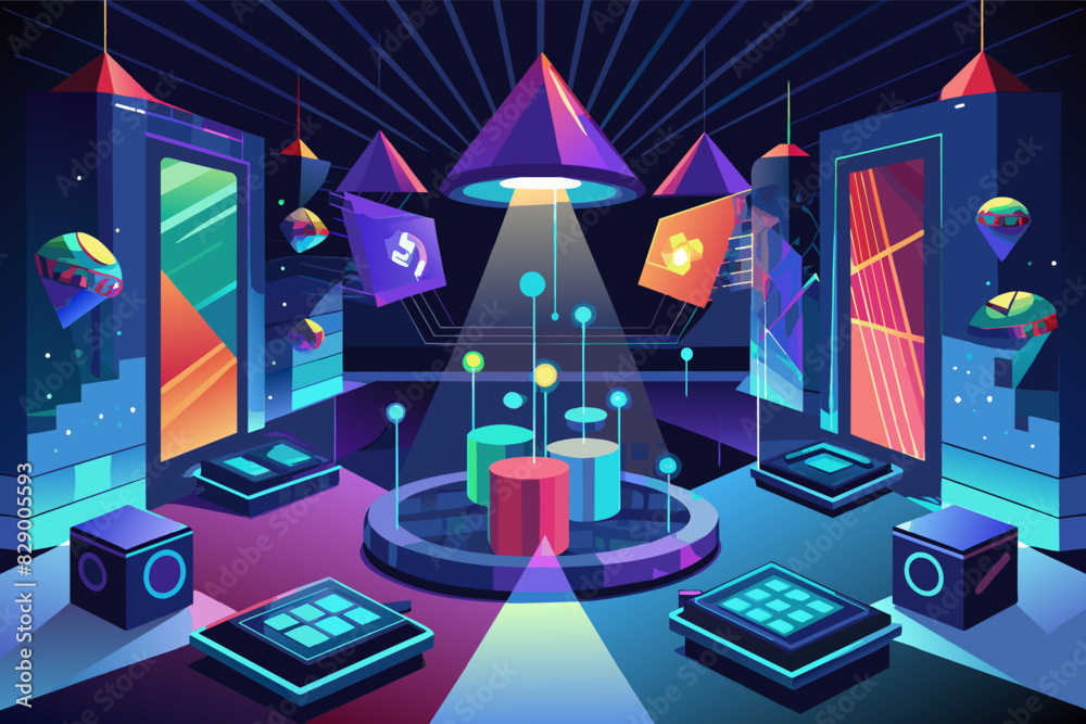 Poster a room with a lot of electronics and a lot of lights, a space abundant in electronic devices and ill