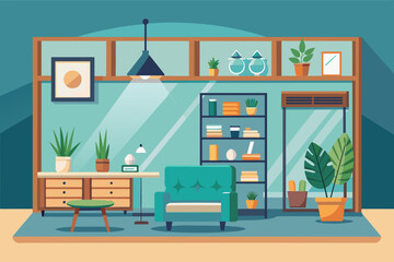 a living room with a couch, table, and shelves, A living room furnished with a sofa, coffee table, and shelving units.
