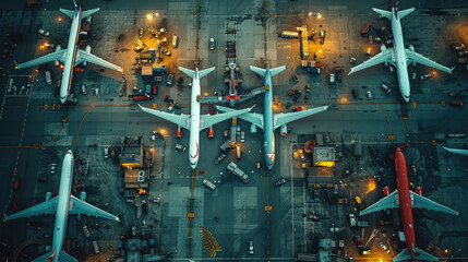 An overhead view of many large passenger planes stuck on the tarmac of a large international airport
