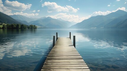 Fototapeta premium Empty wooden pier stretches into calm lake with distant mountains, symbolizing peace and vacation escape. Summer vacation, tourism