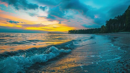 A soft sunset at the coast of a northern European lake, the gentle waves reflecting the  blue and yellow colors, surrounded by a quiet forest that adds a touch of mystery to the landscape.
