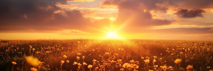 A breathtaking sunset view over a vibrant field of wildflowers, emphasizing the beauty of nature and the end of a day