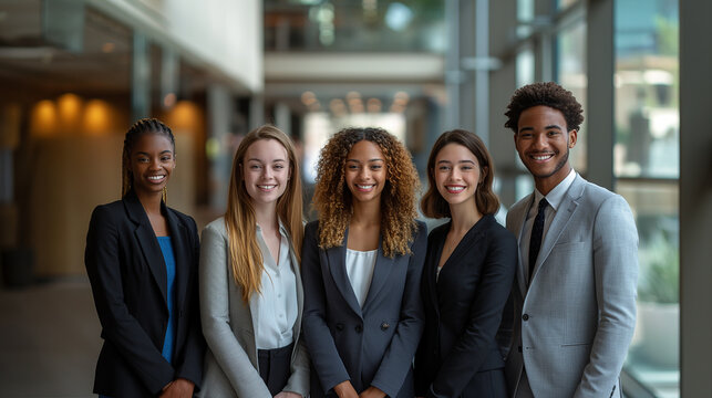 Confident multiethnic businesspeople in formal outfit smiling
