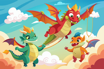 a cartoon dragon flying with two other dragon, The image shows a cartoon dragon in flight accompanied by two additional dragons.