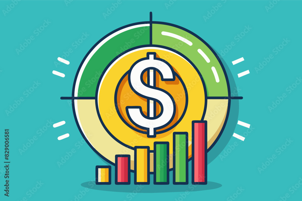 Aufkleber a dollar sign in a circle with a bar chart, A dollar symbol enclosed in a circular shape alongside a horizontal bar graph.
