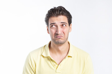 Close up portrait of unhappy stressed man isolated on white background