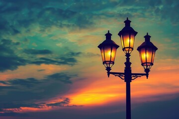Obraz premium Vintage Light Post. Romantic Antique Style Lamp Lantern in Silhouette at Sunset