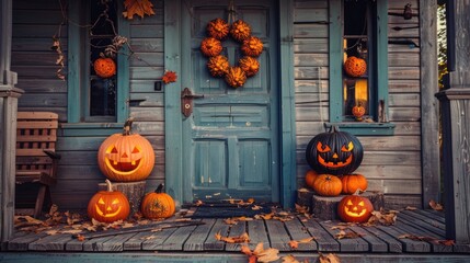 Obraz premium Halloween Doors. Festive House Decoration with Jack O Lanterns and Autumn Vibes