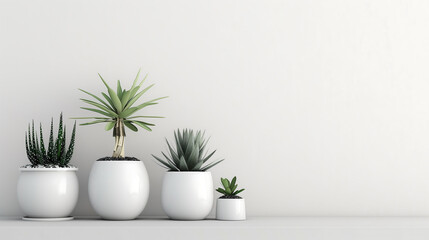 Trio of stylish potted succulents on a minimalist white background, showcasing modern interior decor