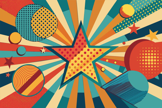 a colorful poster with a golf ball and stars, An eye-catching poster featuring a golf ball and stars displayed in vibrant colors.