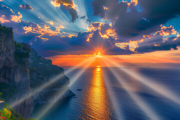 Stunning sunset over a coastal cliff, with radiant sunbeams piercing through dramatic clouds over...