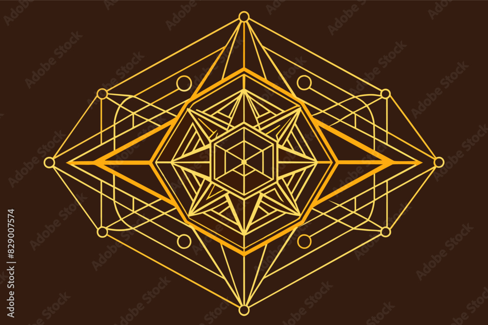 Poster a brown and yellow geometric design with a bird on it, the design features a geometric pattern in br
