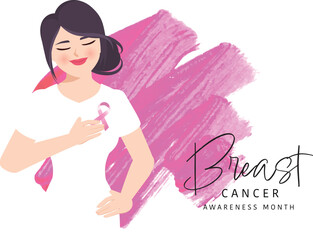 Woman support campaign to fight on breast cancer with pink ribbon in breast cancer awareness month.