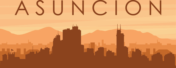 Fototapeta premium Brown panoramic poster of the city skyline with misty background buildings, sunrise, clouds and mountains of ASUNCIÓN, PARAGUAY