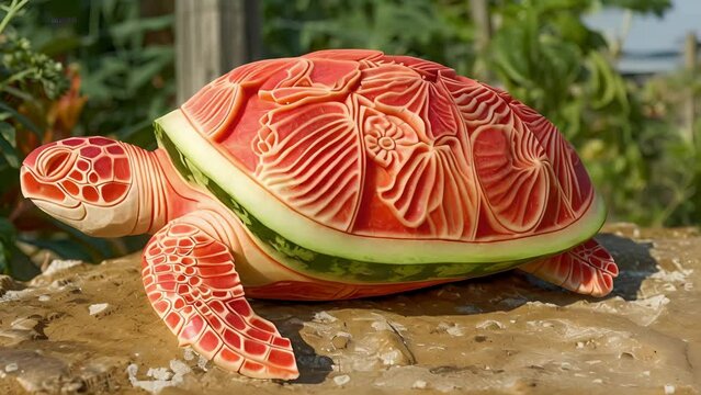A masterful carving of a watermelon into the shape of a sea turtle with detailed markings and patterns etched onto the rind.