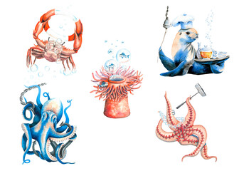 Sea animals, watercolor illustration.  Sticker, postcard, print on mugs, t-shirts