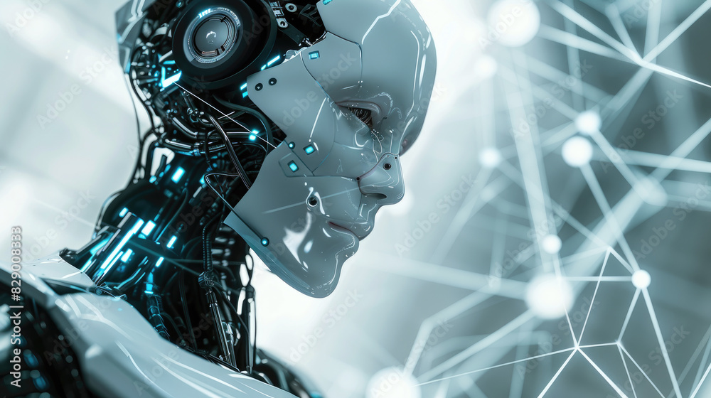 Poster artificial intelligence like futuristic cyborg, face of white humanoid ai robot on tech background.  - Posters