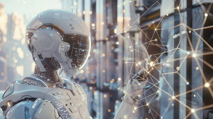 Artificial intelligence like white cyborg, portrait of humanoid AI robot on futuristic building background. Concept of digital technology, science, future