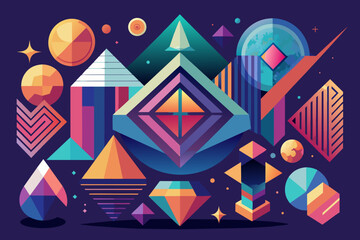 a colorful geometric design with a lot of shapes, A brightly colored geometric pattern featuring numerous shapes.